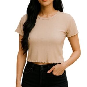 AMERICAN EAGLE Waffle Knit T-Shirt Nude Lettuce Hem Short Sleeves Crewneck L